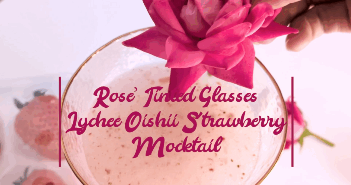 A lychee and strawberry mocktail using Apothekary's Rose' Tinted Glasses tincture for delicious mood support
