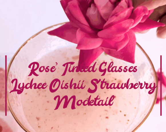 A lychee and strawberry mocktail using Apothekary's Rose' Tinted Glasses tincture for delicious mood support