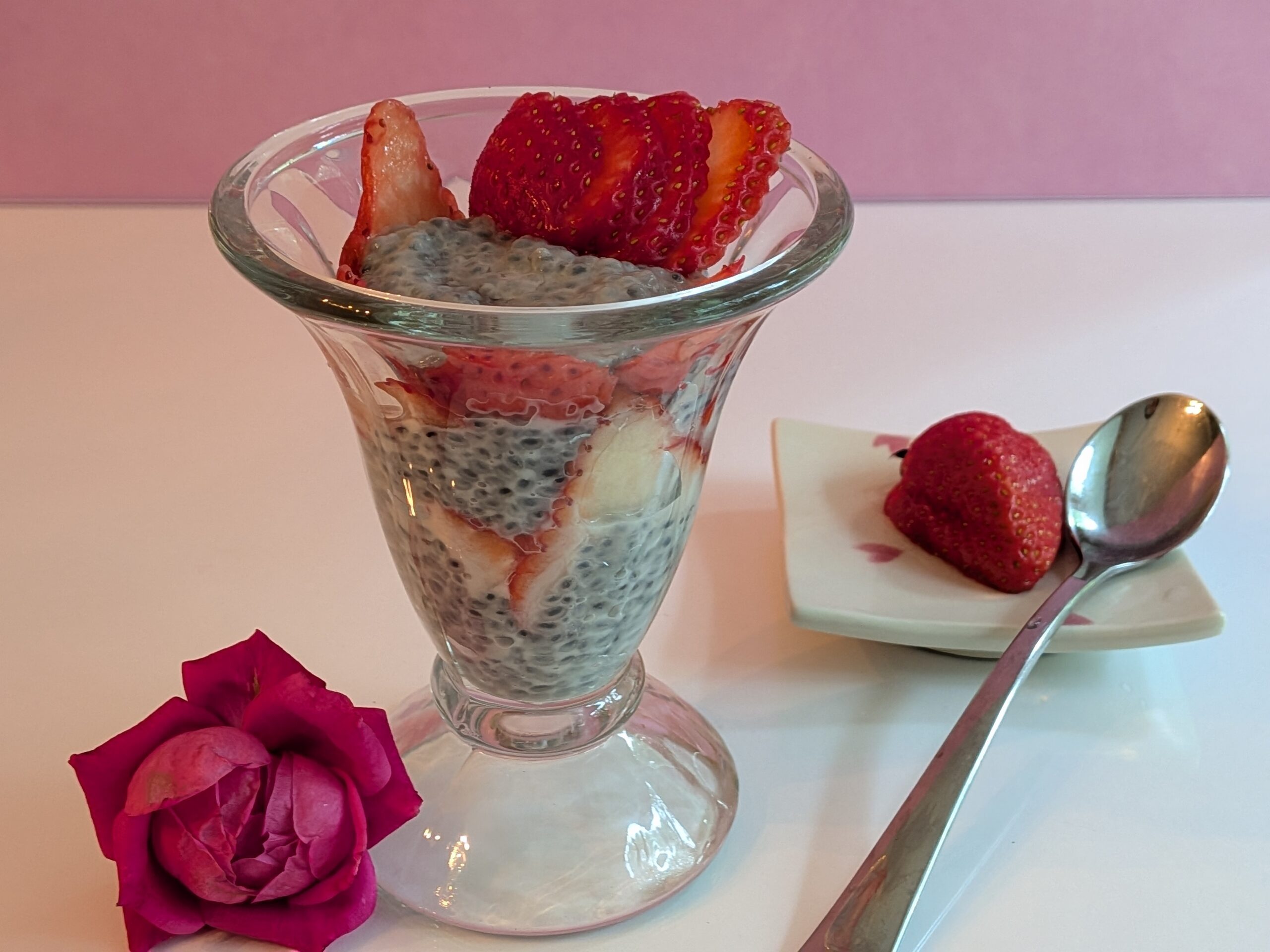 Strawberry basil seed pudding parfait